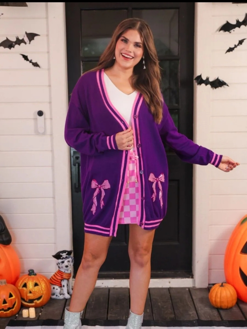 Jess Lea Purple Cardigan with Pink Sequin Bows - XL - NWOT
